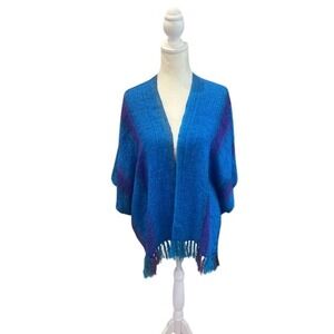 Vibrant Blue Purple Striped Santa Fe Handwoven Designs Fringe Poncho Wrap Shawl